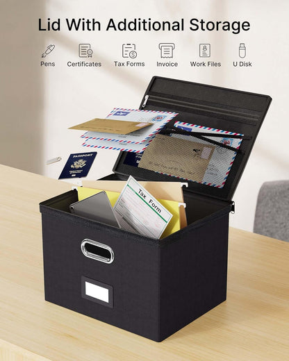 Oterri 2 Pack File Organizer Boxes with Lids, File Box with Mesh Pockets, Document Organizer Box for File Folders Letter Size, Zippers Filing Box for Home, Office, School (Green, Without Folders)