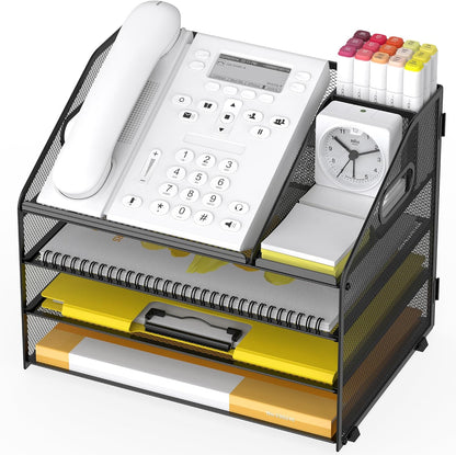 Letter Tray Paper, 4 Tier Desk Organizer with Pen Holder and Handle Mesh File Organizer Paper Sorter Metal Desktop Document Shelf for Office Home Classroom -Black