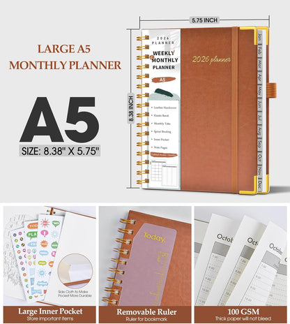 2026 Planner, Weekly and Monthly Calendar Planner from January 2026 - December 2026, 8.5" x 11" Hardcover Leather Hourly Appointment Book with Tabs, Spiral Daily Planners for School Work Home, Green