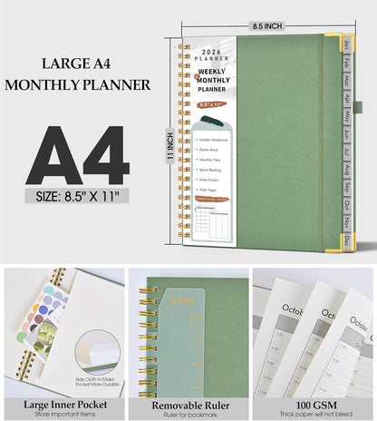2026 Planner, Weekly and Monthly Calendar Planner from January 2026 - December 2026, 8.5" x 11" Hardcover Leather Hourly Appointment Book with Tabs, Spiral Daily Planners for School Work Home, Green