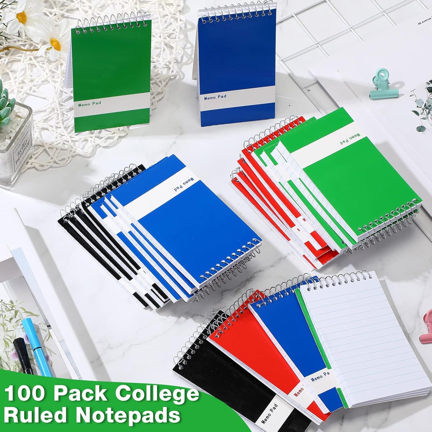 Thenshop 100 Pads Spiral Memo Pads Bulk 3 x 5 Inch Small Pocket Notepad Top Bound Lined 60 Sheets Mini Notebooks for School College Office Home Supplies (Fresh Colors)
