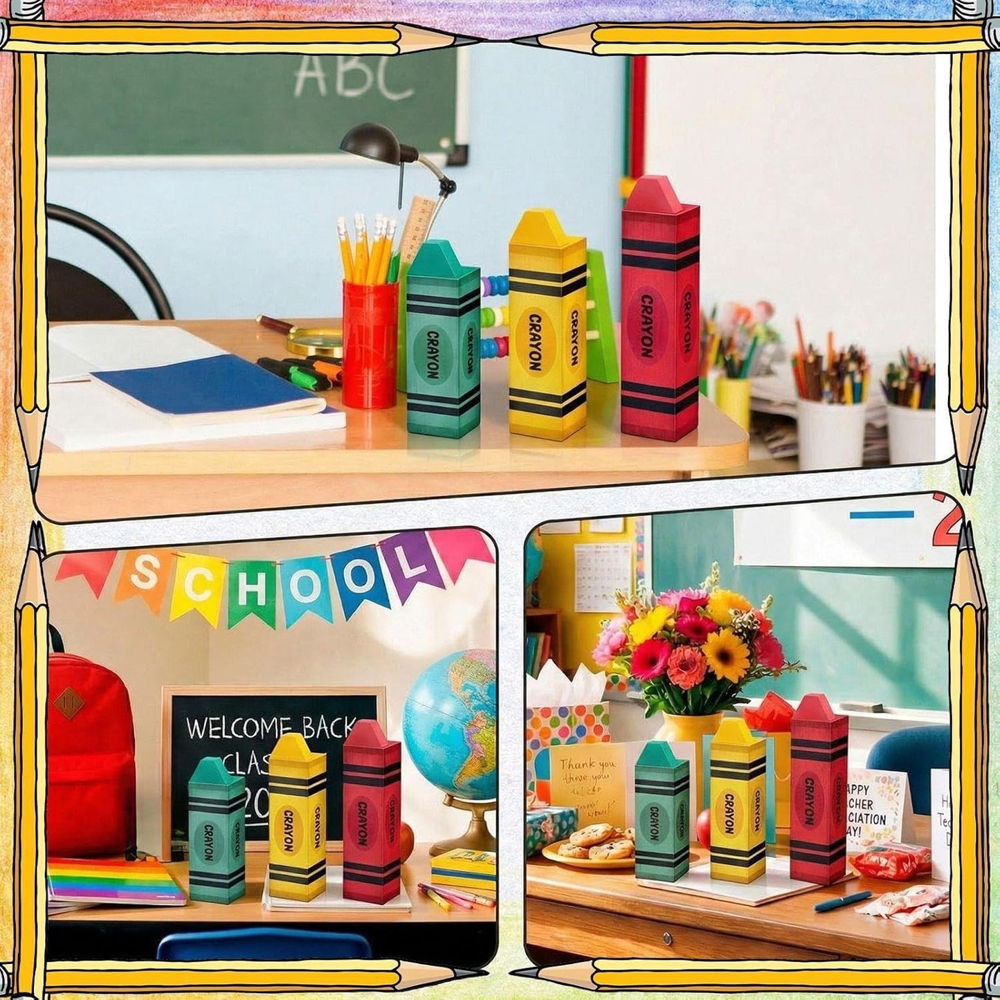 GlikCeil 3 Pcs Teacher Appreciation Week Table Decorations Wooden Classroom Decor Wood Pencil Notebook Paper Tiered Tray Decor for Teacher Desk, Back to School Party, Classroom Shelf