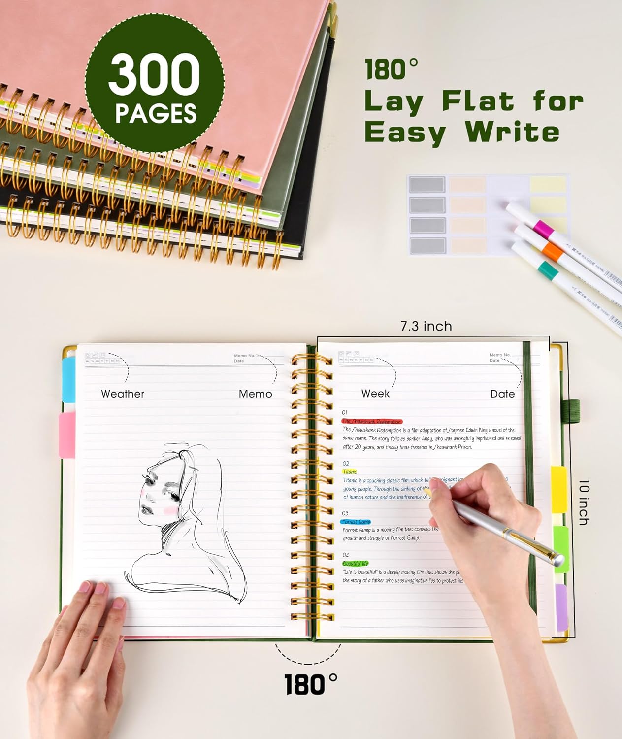 Hardcover Spiral Notebook Journal with Removable Dividers Tabs, 300 Pages Leather 5 Subject Notebook College Ruled, 8"x10" Large B5 Notebooks for Work School Note taking, Lined Journal for Women, Pink