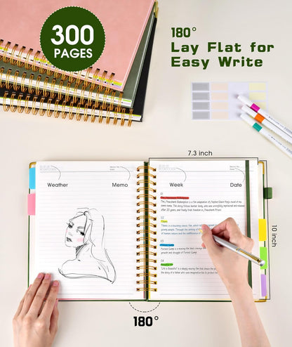 Hardcover Spiral Notebook Journal with Removable Dividers Tabs, 300 Pages Leather 5 Subject Notebook College Ruled, 8"x10" Large B5 Notebooks for Work School Note taking, Lined Journal for Women, Pink