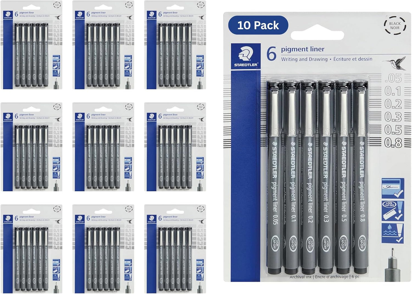 Staedtler Pigment Liner Pack, Black, 8 Pens, Assorted Line Widths, 0.05mm, 0.1mm, 0.2mm, 0.3mm, 0.5mm, 0.8mm, 1.0mm, 1.2mm