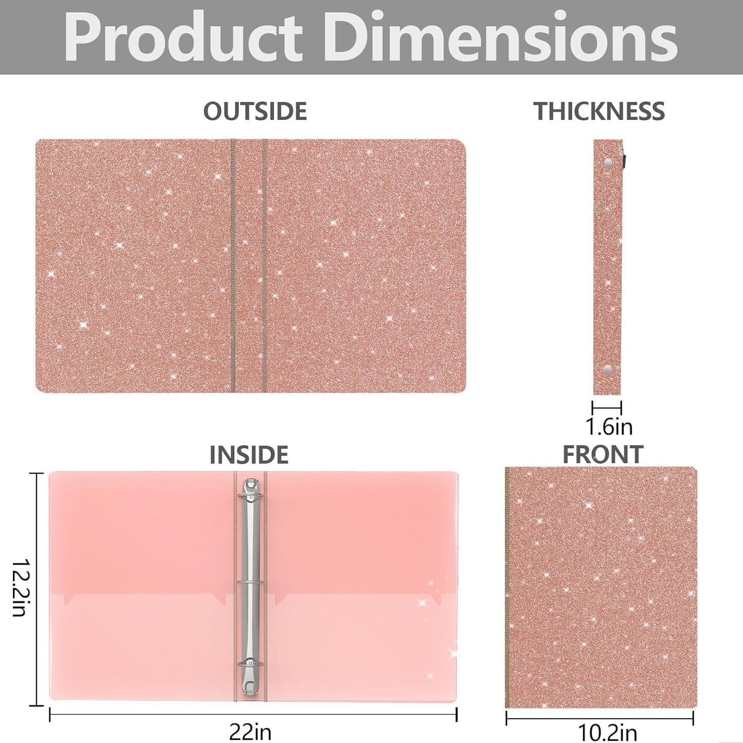 3 Ring Binder, Glitter 1 inch Binder Organizer, 8.5" x 11" Letter Size, Waterproof Fashion View Binders, Cute Binder for Office School Supplies (Pink)