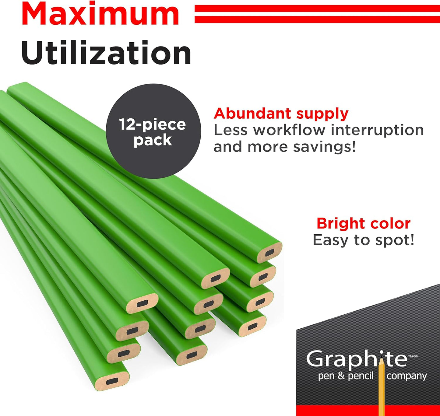 GRAPHITE Hard Lead Carpenter Pencils Bulk - (1) Pack of 12 Pieces Lumber Wooden Pencil #2 (HB) - Red