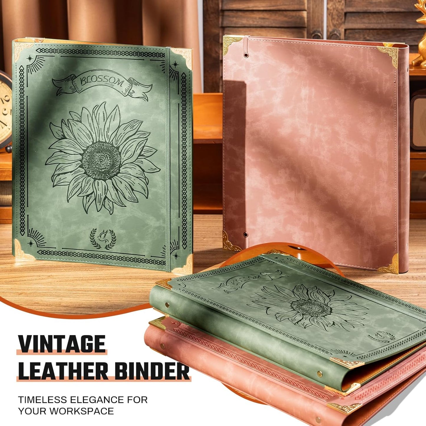 Ovesmusl Leather 3 Ring Binder Fits 8.5"x11" Letter Size Paper, 1 Inch Round Ring Binder Holds 200 Sheets, Notebook Cover Loose Leaf Organizer, Green Tree