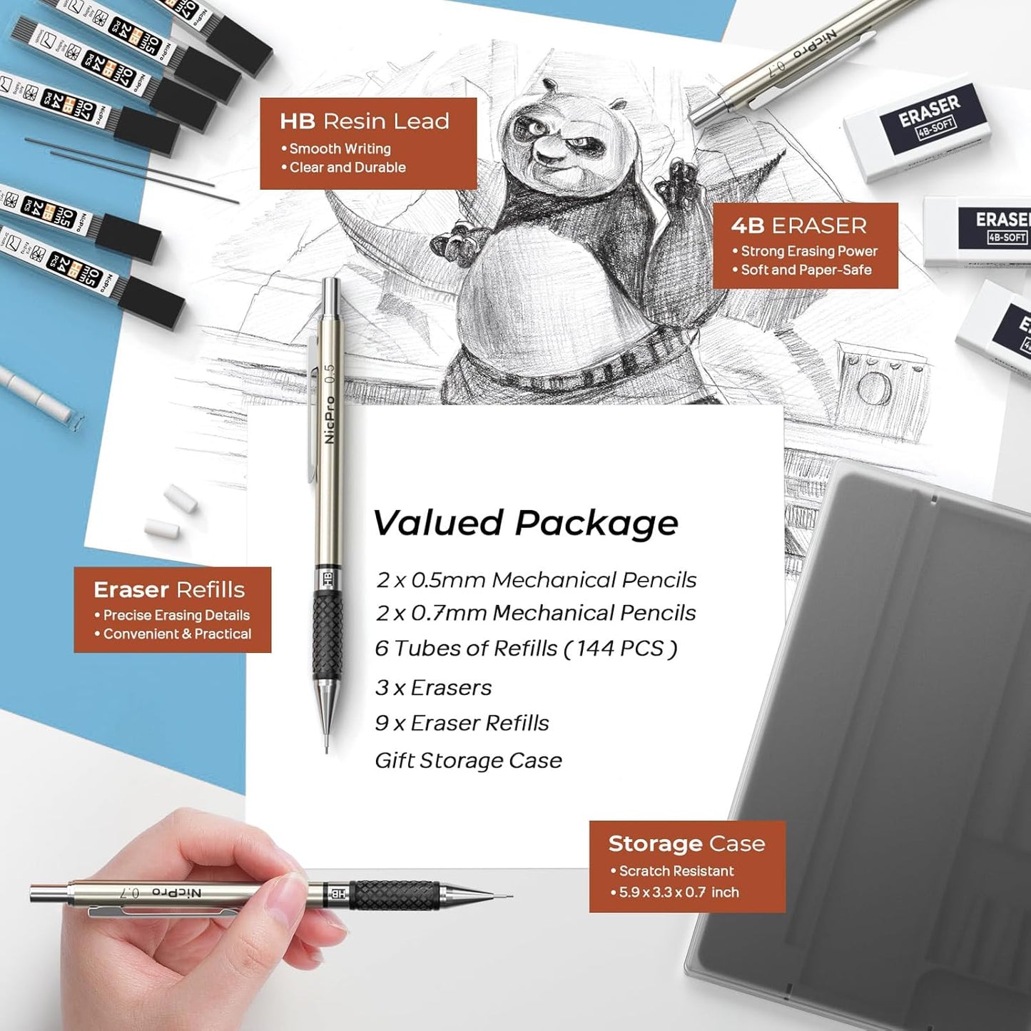 Nicpro 0.7 mm Art Mechanical Pencil Set in Storage Case, 3 PCS Metal Drafting Pencil Lead Pencil with 6 Tube HB Lead Refills, 3 Erasers, 9 PCS Eraser Refills for Artist Writing, Drawing, Sketching