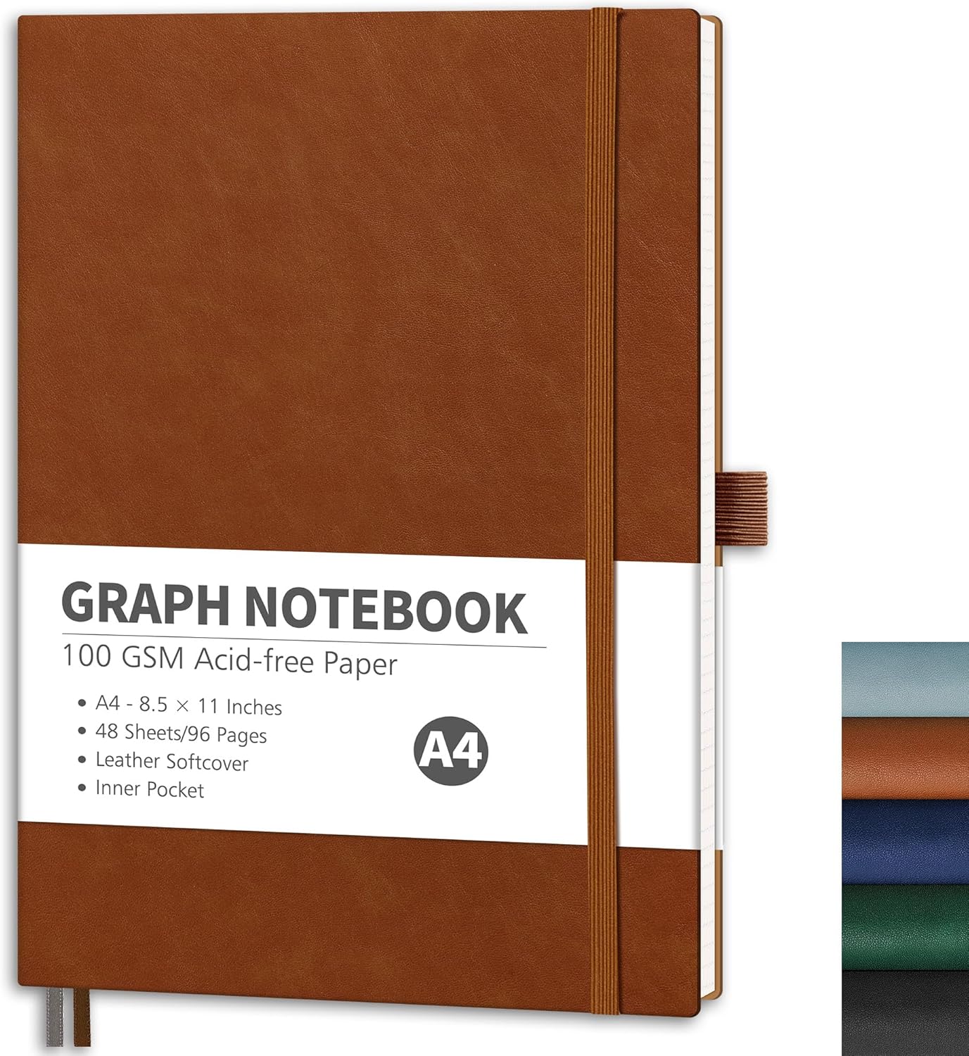 RETTACY Graph Grid Paper Notebook, 96 Pages, A4 Large Size (8.5'' x 11''), 5 Squares per Inch, Leather Softcover, 100 GSM Thick Paper, for School, Students, Math, Engineering (Navy Blue)