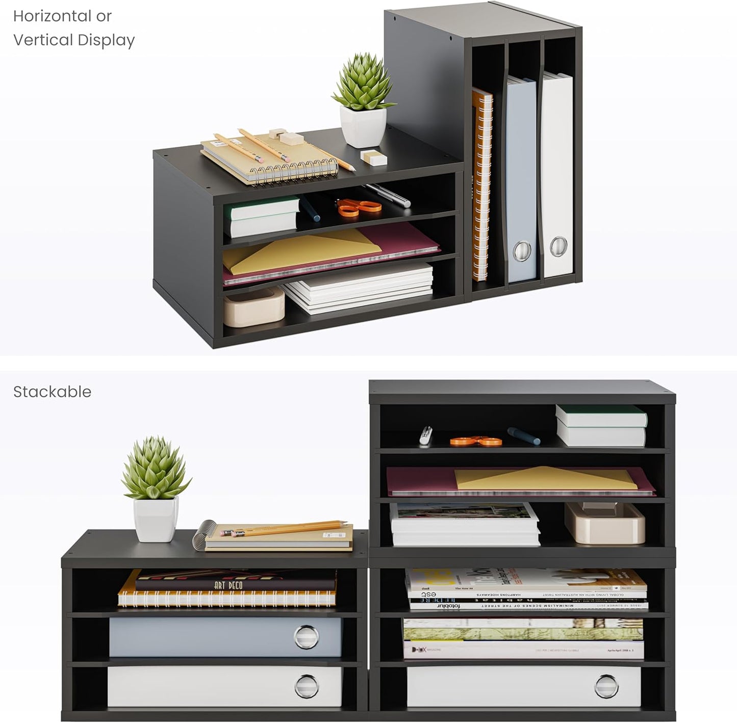 Ballucci 4-Tier Paper Organizer for Desk, Stackable Tray, Desk Storage Organizer Shelves, Stacking Letter Paper Tray Sorter for Classroom Office, Black