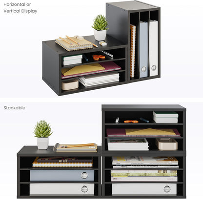 Ballucci File Organizer, 4-Tier Office Desk Organizer, Open Top Wood Paper Organizer for Classroom, Desktop Mail Sorter Paper Tray, Black