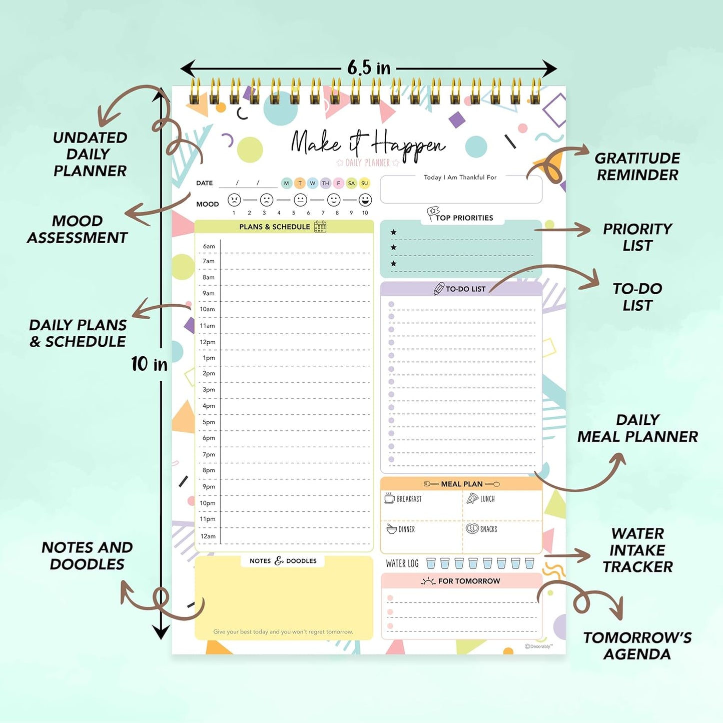 Decorably 52 Sheets Boho Celestial Undated Daily to Do List Notepad - 6.5x10" Spring-Bound Planner, Easy Tear-Off, for Schedule, Priorities, Agenda, Water Intake, Meals, Notes & Doodles - Home, Office