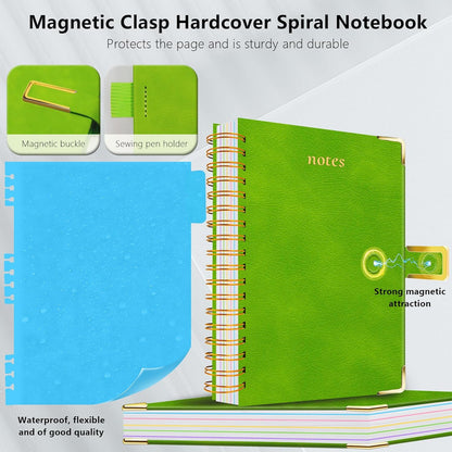 Hardcover Spiral Notebook College Ruled, 8"x10" Leather Journal Notebook with Magnetic Closure, 300 Pages 5 Subject Notebook with Dividers Tabs Journal for Women Men, Work, School(Rose Red)