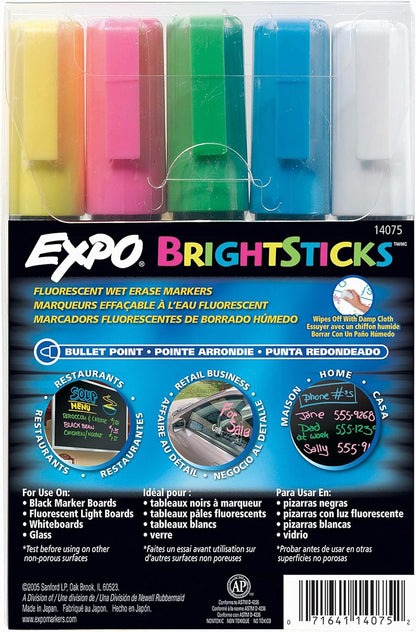 EXPO Bright Sticks, Wet Erase Fluorescent Markers, Bullet Tip, 5 Count - Whiteboard, Calendar, Organization, Teacher Supplies