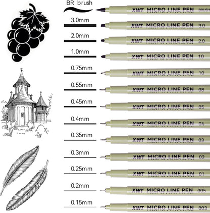 12+1 Fineliner Drawing Art Pens, Black Waterproof Pigment Ink Set for Artists, Sketching, Manga, Watercolor, Calligraphy, and Detail Outlining Archival Quality Inking Markers