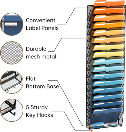 SUPEASY 7-Tier Mesh Wall File Holder, Hanging Wall File Organizer, Office Organization for Papers, Mails, Folders, Files Clipboard Magazine Rack, Black