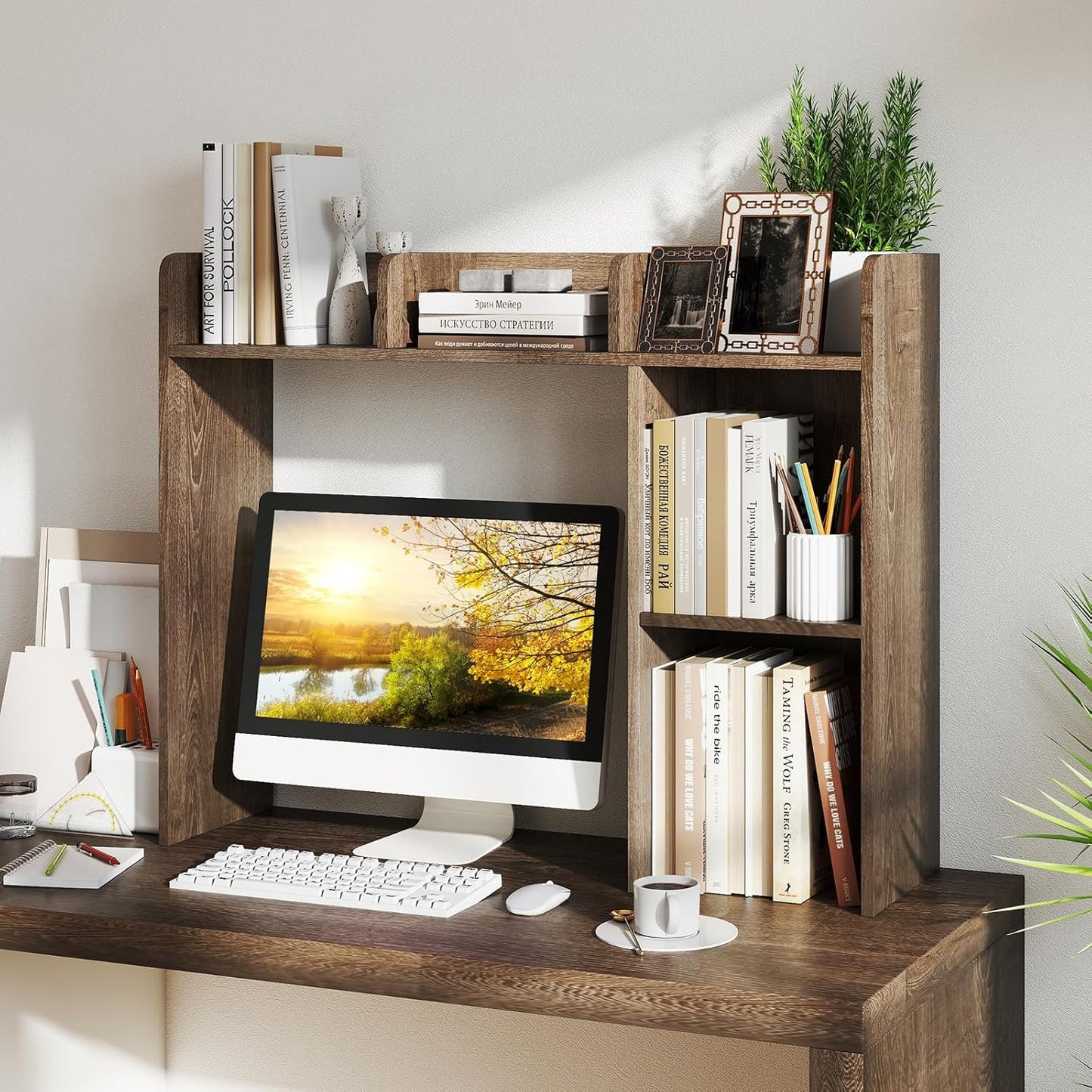 Tangkula Desktop Bookshelf, Countertop Storage Hutch with 5 Shelves for Computer Desk, Desk 3-Tier Display Rack, Multipurpose Wood Desktop Hutch Storage Organizer for Dorm Office Home