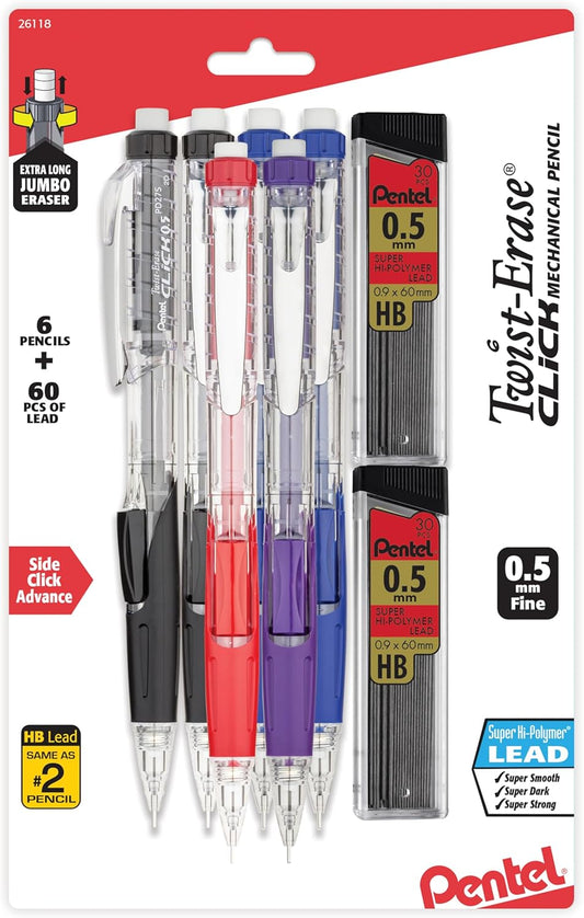 Pentel Twist-Erase Click Mechanical Pencil (0.7mm), Pack of 6 Pencils with 2 Pack of Lead Refills (PD277TLBPS6M)