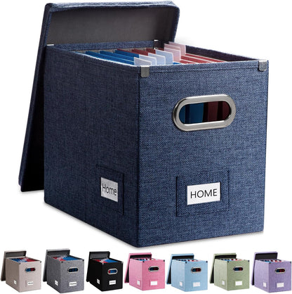 PRANDOM File Organizer Box - Collapsible Decorative Linen Filing Storage with Lids for Letter Size - Grey (14x9.3x10.8 inch)