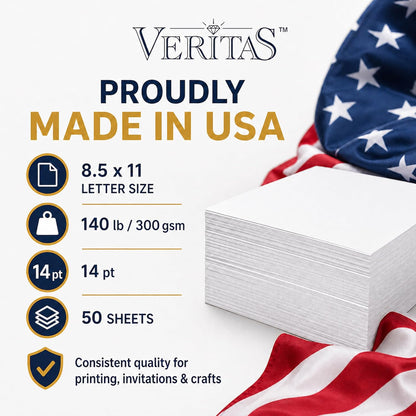 Veritas White Cardstock 8.5 x 11”, 110LB Index/199GSM Heavyweight Card Stock, 100 Sheets, Thick Cardstock Printer Paper for Copy, Printing, Art Projects, Invitations, Made In USA