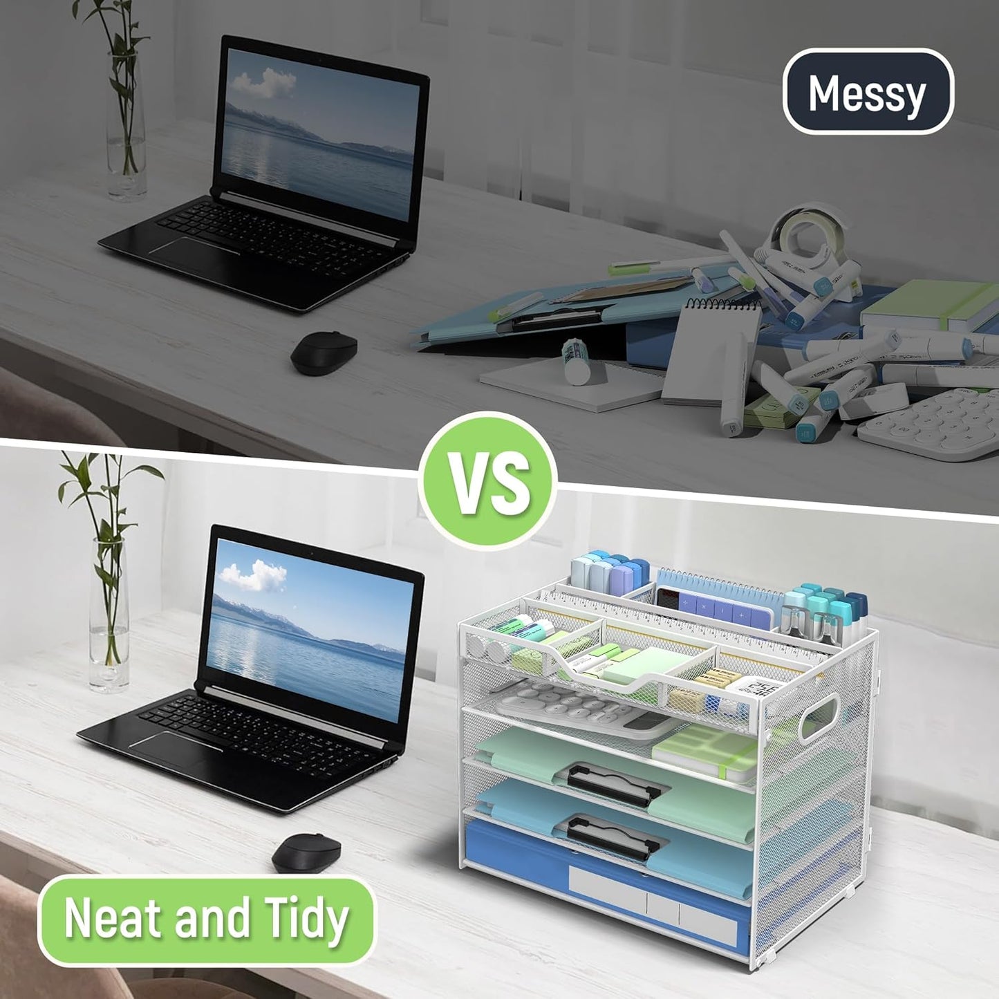 Docnest 5 Tier Letter Tray with Hanging File Organizer-Mesh Desk Organizer-Desktop Storage Box Built in Pen Holder and Handles, File Folder Holder for Mail Documents Office Supplies-Black