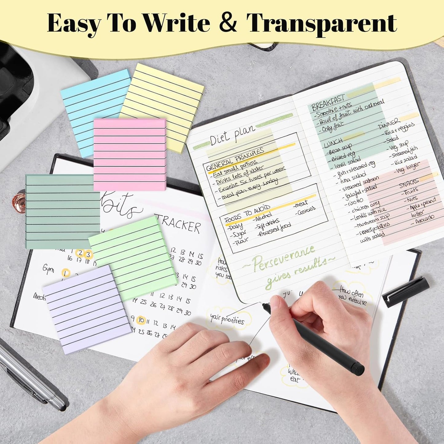 3x3 Inch Transparent Sticky Notes 300 Sheets, Clear Translucent Lined Self-Adhesive Memo Repositionable Reminder Pad for Office, College Students, Planners, Journals, School Supplies (Purple)