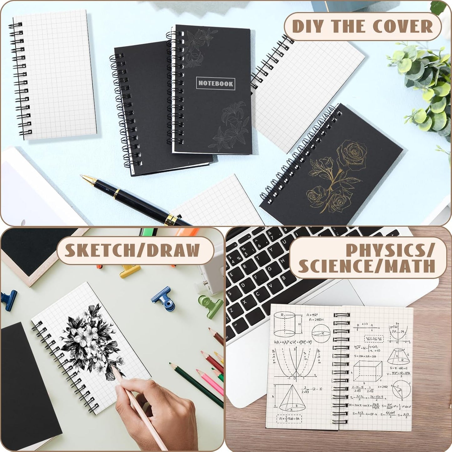 Jutom 6 Pcs Small Graph Paper Pads Notebook Mini Spiral Notebooks Grid Paper 3 x 5 Inch Pocket Notepads 120 Pages Mini Notepads for Office School Work Math Meeting (Black)