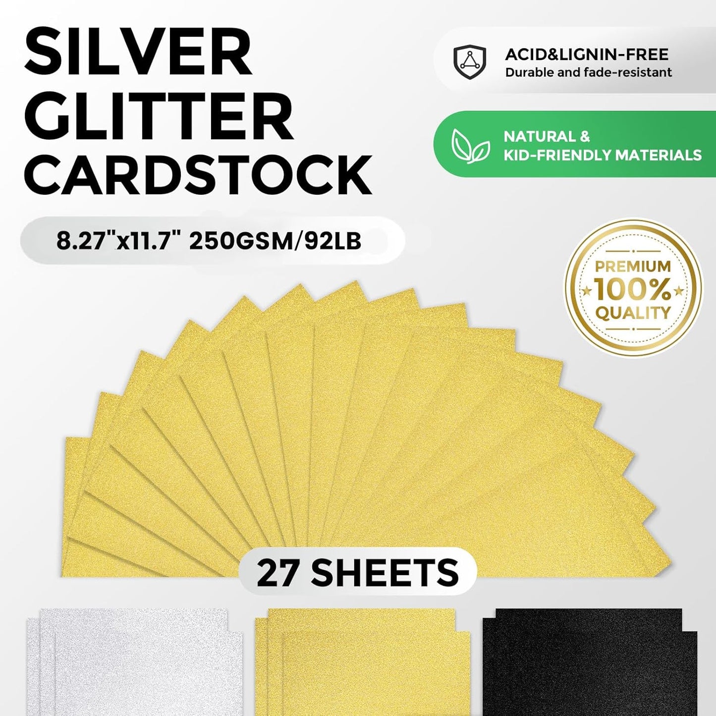BOOKNOW 27 Sheets Silver Glitter Cardstock, 8.27" x 11.7" (A4 Size) Heavyweight Sparkle Paper, 250GSM/92LB Glitter Paper for Wedding Invitations, Scrapbooking, Card Making, DIY Cake Toppers