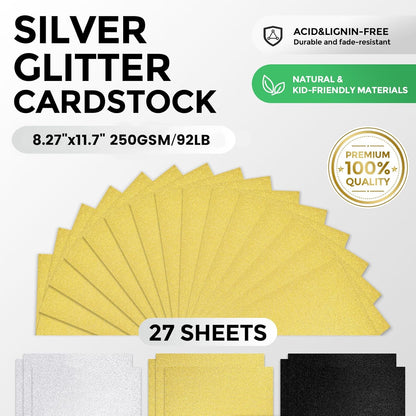 BOOKNOW 27 Sheets Silver Glitter Cardstock, 8.27" x 11.7" (A4 Size) Heavyweight Sparkle Paper, 250GSM/92LB Glitter Paper for Wedding Invitations, Scrapbooking, Card Making, DIY Cake Toppers
