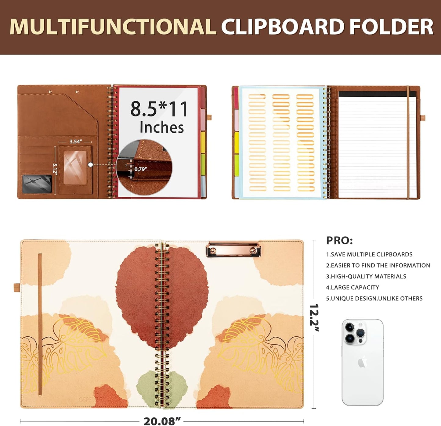 Ospelelf Clipboard with Storage for Women, Leather Padfolio Portfolio Organizer 5 Folders with 10 Pockets, Spiral Clipboard Folio with Notepad for Letter Size, Elastic Closure and Pen Loop Floral