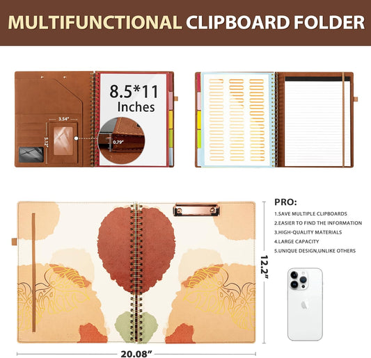 Ospelelf Clipboard with Storage for Women, Leather Padfolio Portfolio Organizer 5 Folders with 10 Pockets, Spiral Clipboard Folio with Notepad for Letter Size, Elastic Closure and Pen Loop Floral