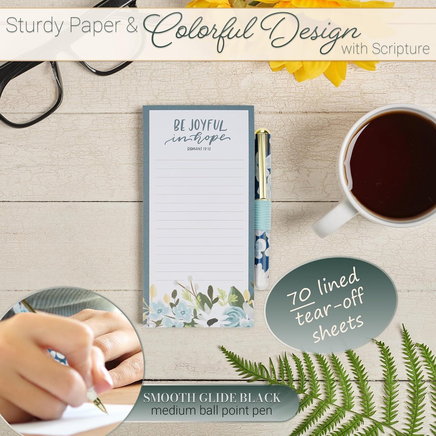 Christian Art Gifts Compact Magnetic Notepad & Medium Ballpoint Pen Set: Trust in the Lord Inspirational Scripture, Shopping Lists, Memos, Reminders, 70 Lined Easy Tear-off Sheets, Purple/Teal Floral