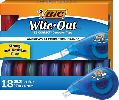 BIC Wite-Out EZ Correct Tear-Resistant Correction Tape with 39.3 ft of Tape, 10-Count Pack in White