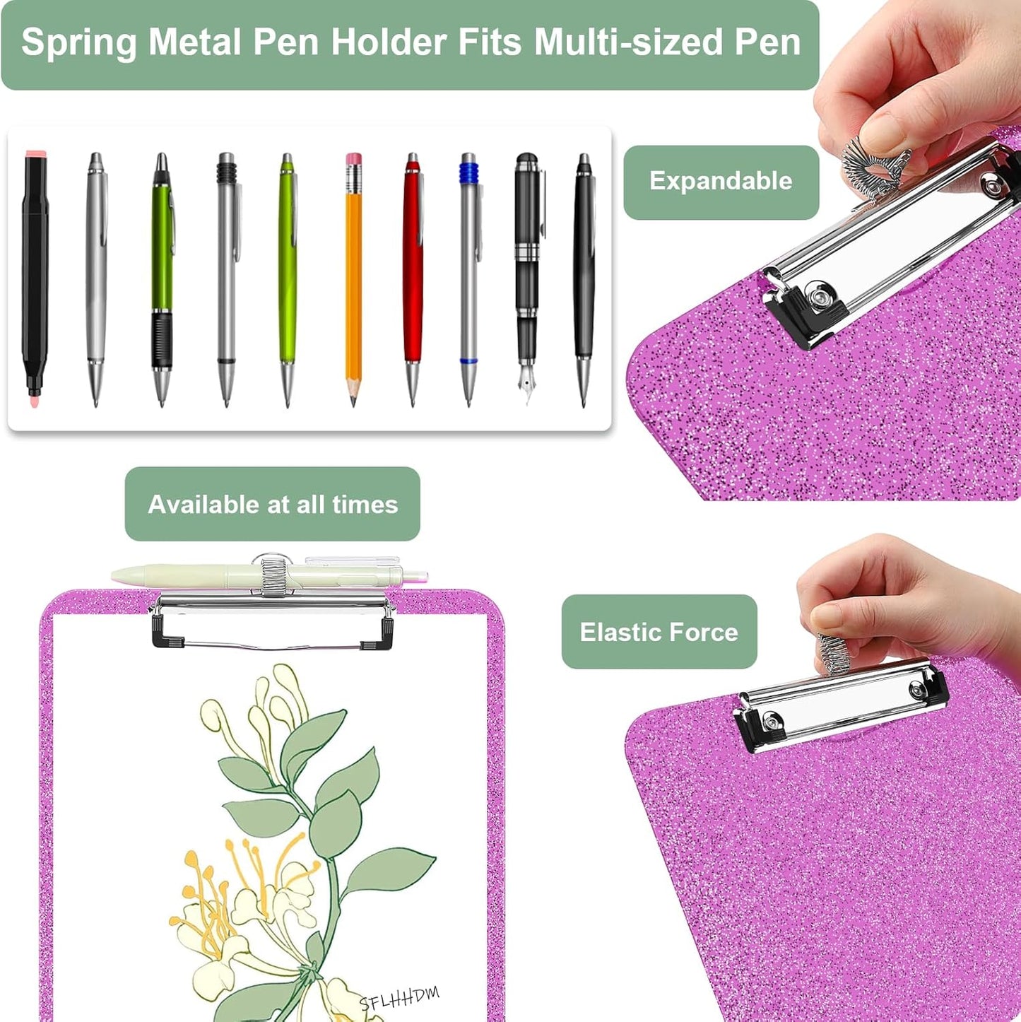 SFLHHDM 1 Pcs Clear Glitter Clipboards, Plastic Clipboard with Pen Holder, Size 8.85 x 12.4 in Shiny Clipboards with Low Profile Clip, Cute Hanging Clipboard for Office School Sparkly Clip Board-Pink
