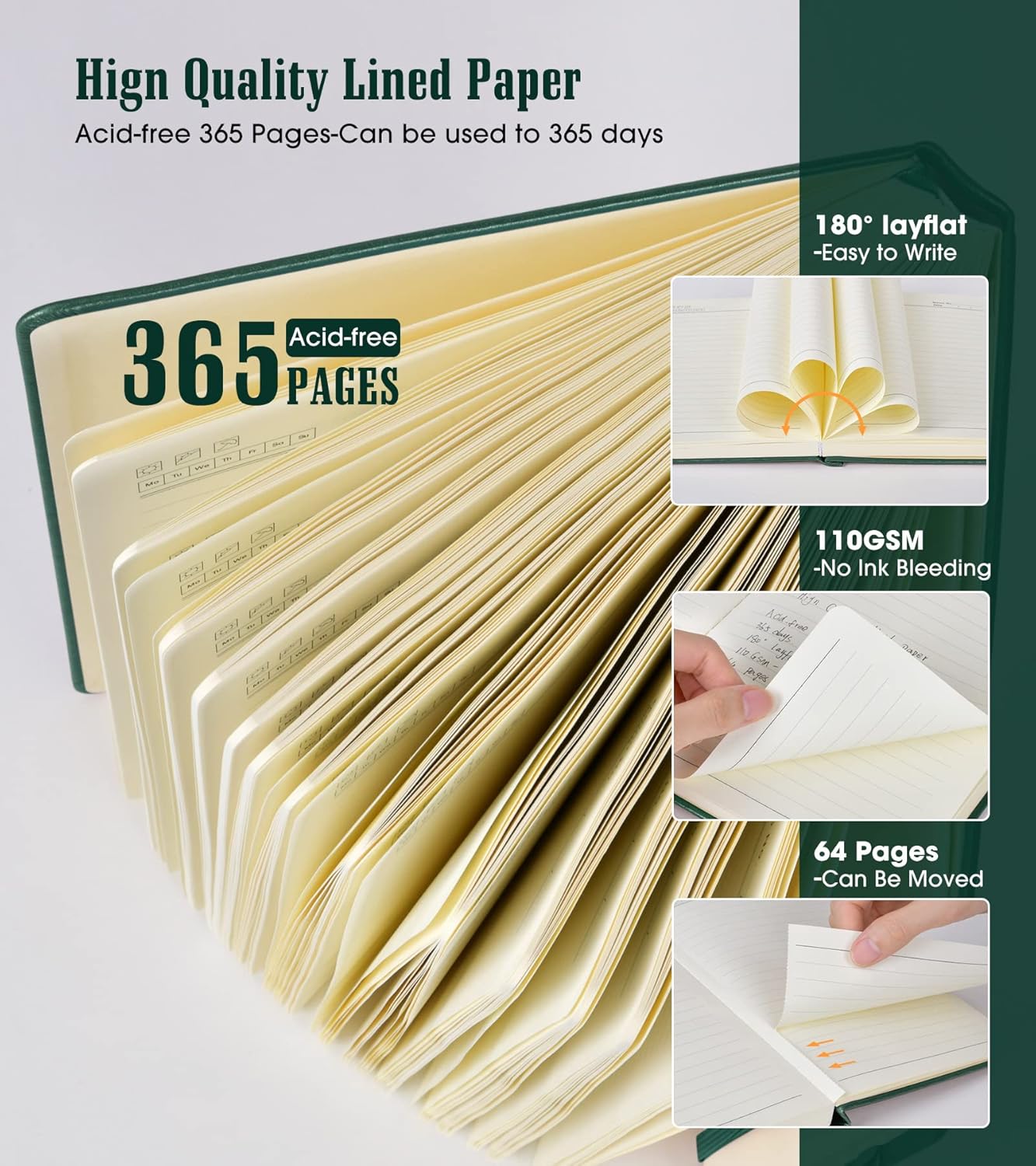 Lined Journal Notebook -365 Pages A5 Thick Journals for Writing Ruled Notebook, Hardcover Leather Journal for Women Men Daily Journal Notebook for Work, Note Taking, 100Gsm Lined Paper( 5.75'' X 8.38'' Green)