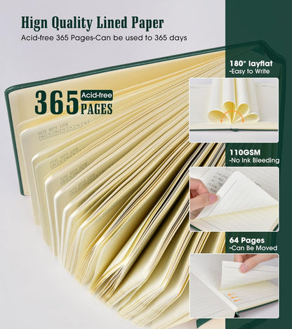 Lined Journal Notebook -365 Pages A5 Thick Journals for Writing Ruled Notebook, Hardcover Leather Journal for Women Men Daily Journal Notebook for Work, Note Taking, 100Gsm Lined Paper( 5.75'' X 8.38'' Green)