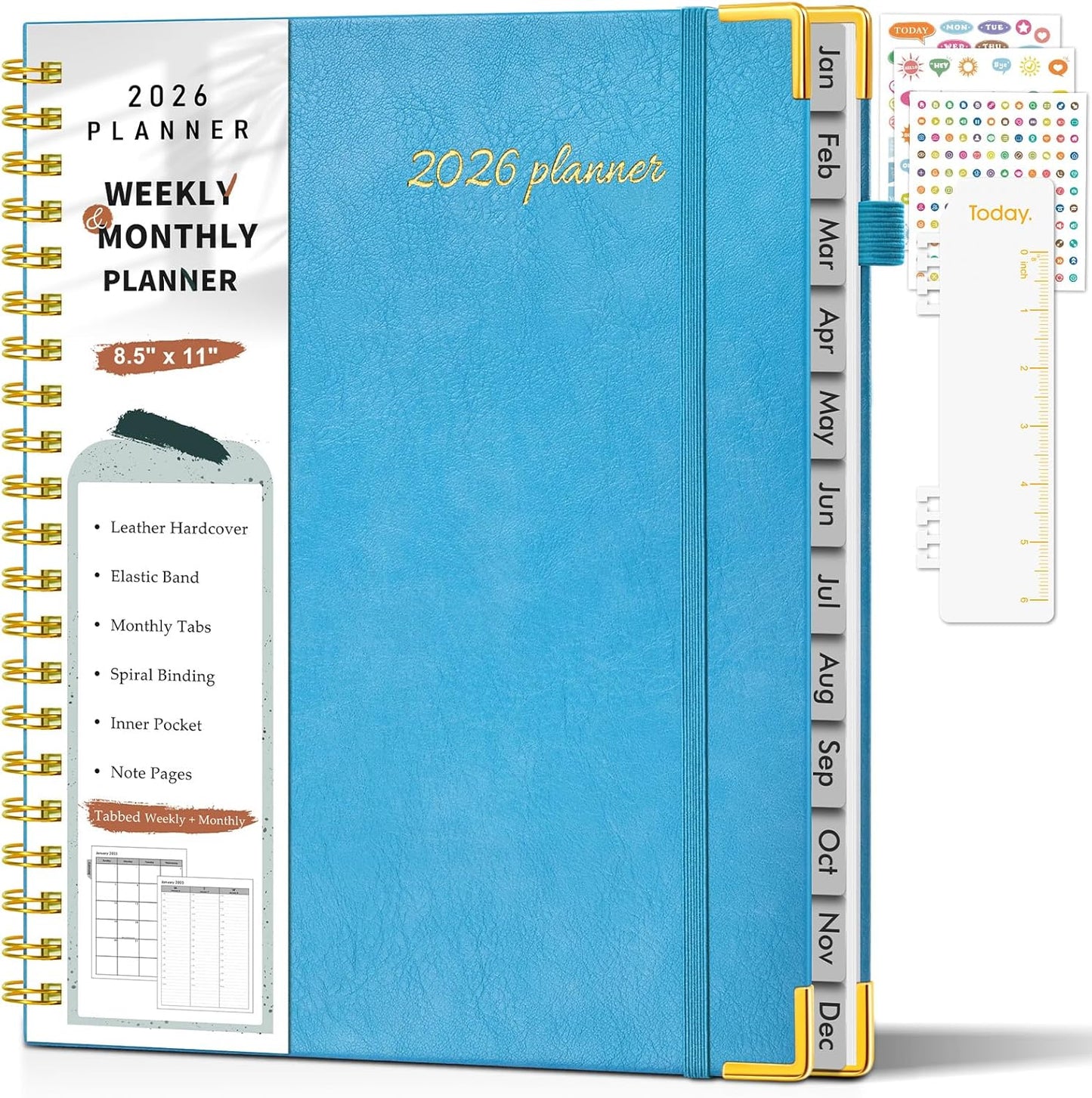 2026 Planner, Weekly and Monthly Calendar Planner from January 2026 - December 2026, 8.5" x 11" Hardcover Leather Hourly Appointment Book with Tabs, Spiral Daily Planners for School Work Home, Green