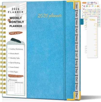 2026 Planner, Weekly and Monthly Calendar Planner from January 2026 - December 2026, 8.5" x 11" Hardcover Leather Hourly Appointment Book with Tabs, Spiral Daily Planners for School Work Home, Green