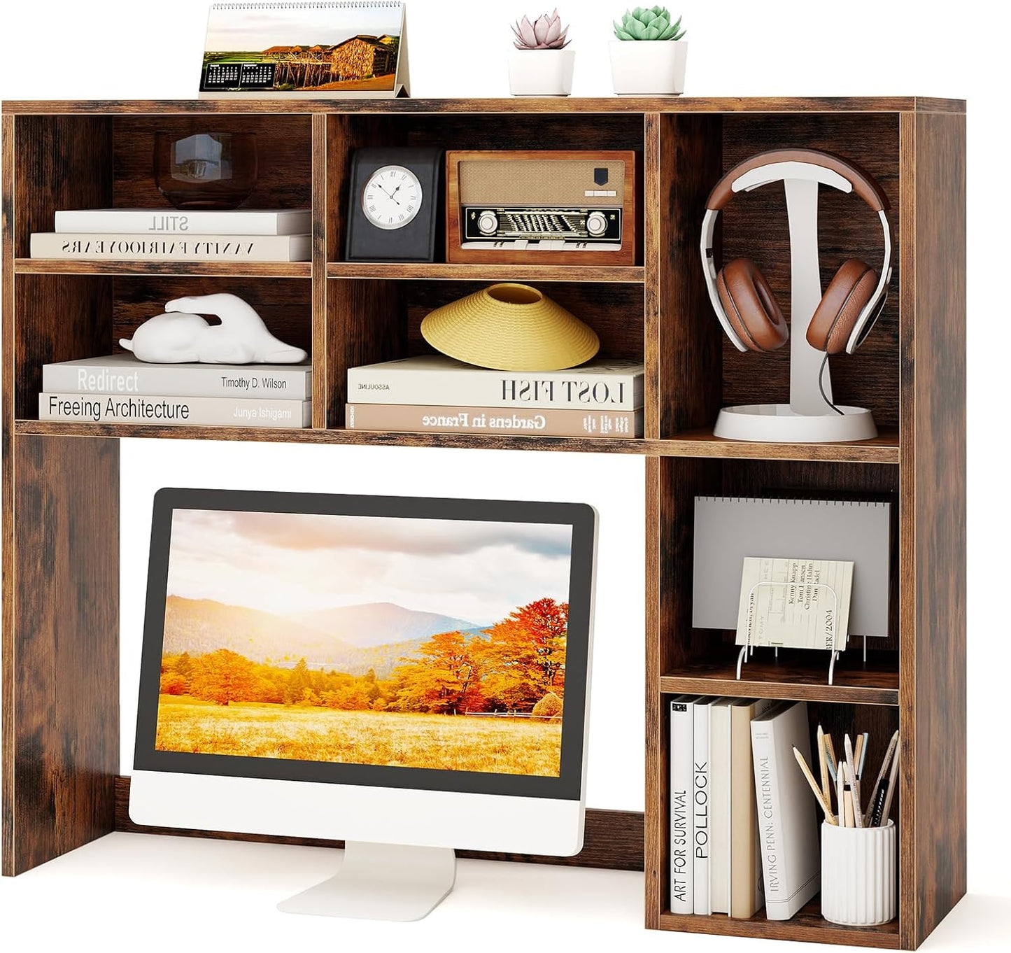 Tangkula Desktop Bookshelf, Countertop Storage Hutch with 5 Shelves for Computer Desk, Desk 3-Tier Display Rack, Multipurpose Wood Desktop Hutch Storage Organizer for Dorm Office Home