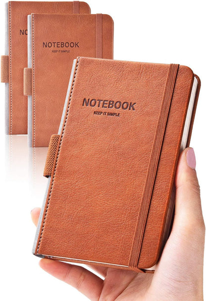 AISBUGUR Pocket Notebook Small Notebook 2-Pack, 3.7" x 5.7" Pocket Notebooks Hardcover with Thick Lined Paper, Inner Pockets, Cover Letter Embossing Design Mini Journal Notepad Black+Brown
