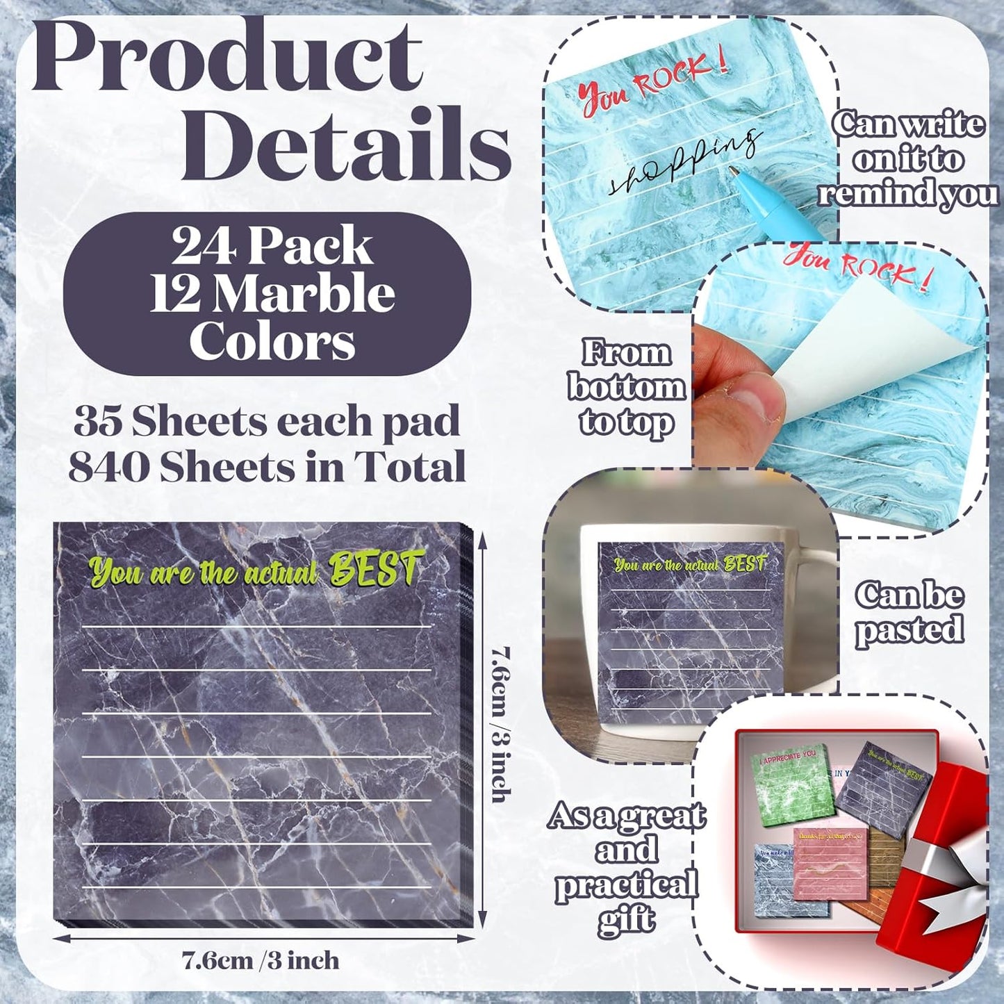 Yinder 48 Pcs Inspirational Sticky Notes Cute Motivational Sticky Notes Pad End of Year Employee Appreciation Gifts Bulk for Teacher Nurse Coworkers Office Supplies 3 x 3'' (Thank You,Dark Color)