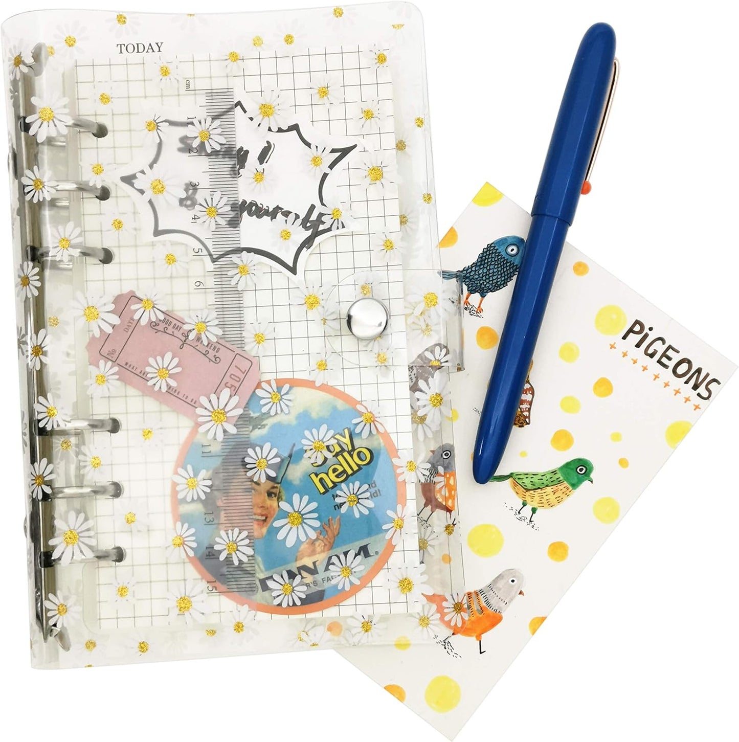 A6 A5 6-Holes Colorful PVC Cover Round Ring View Binder with Snap Button Closure File Folder for Loose Leaf Sheet Protectors Notebook Refill (Pink Daisy, A5 Mini Set) - Colors A