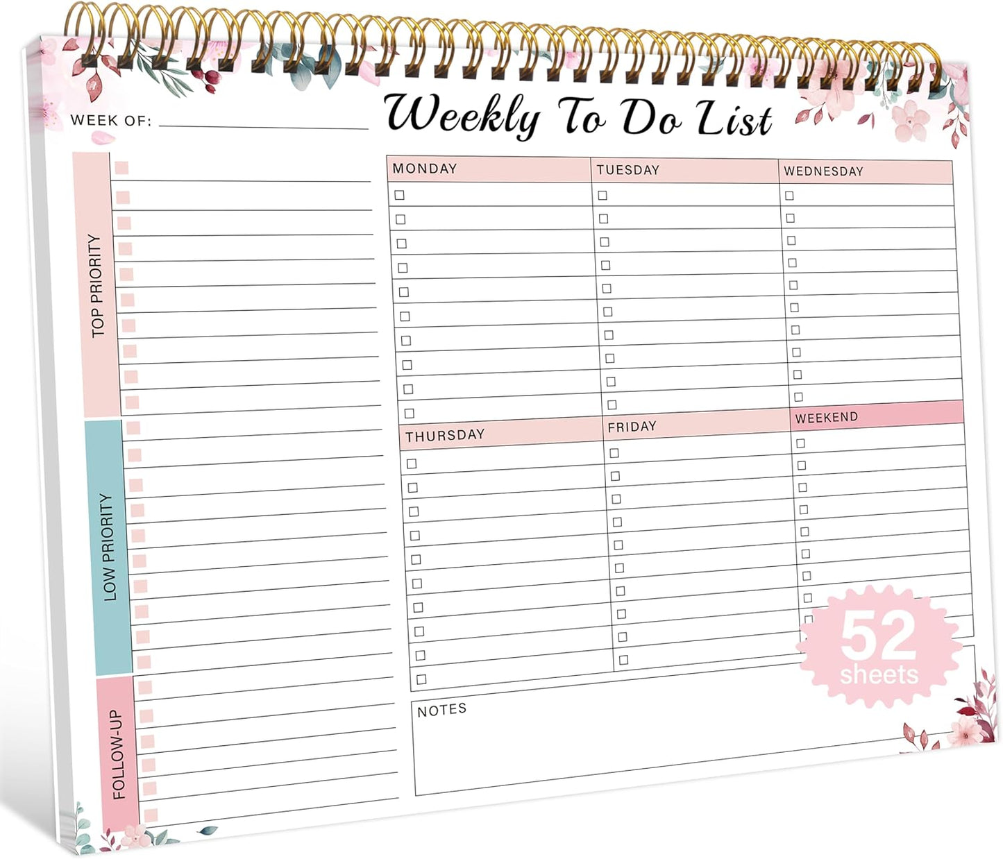 Kamoy Weekly To Do List Notepad with 52 Undated Sheets（8.5"×11"）- Undated Weekly Desk Planner Organizer for Work Home School Office Supplies