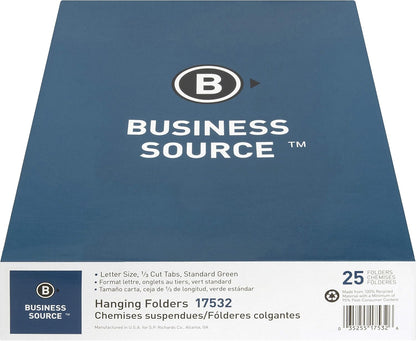 Business Source, BSN17532, 1/3 Cut Standard Hanging File Folders, 25 / Box, Standard Green