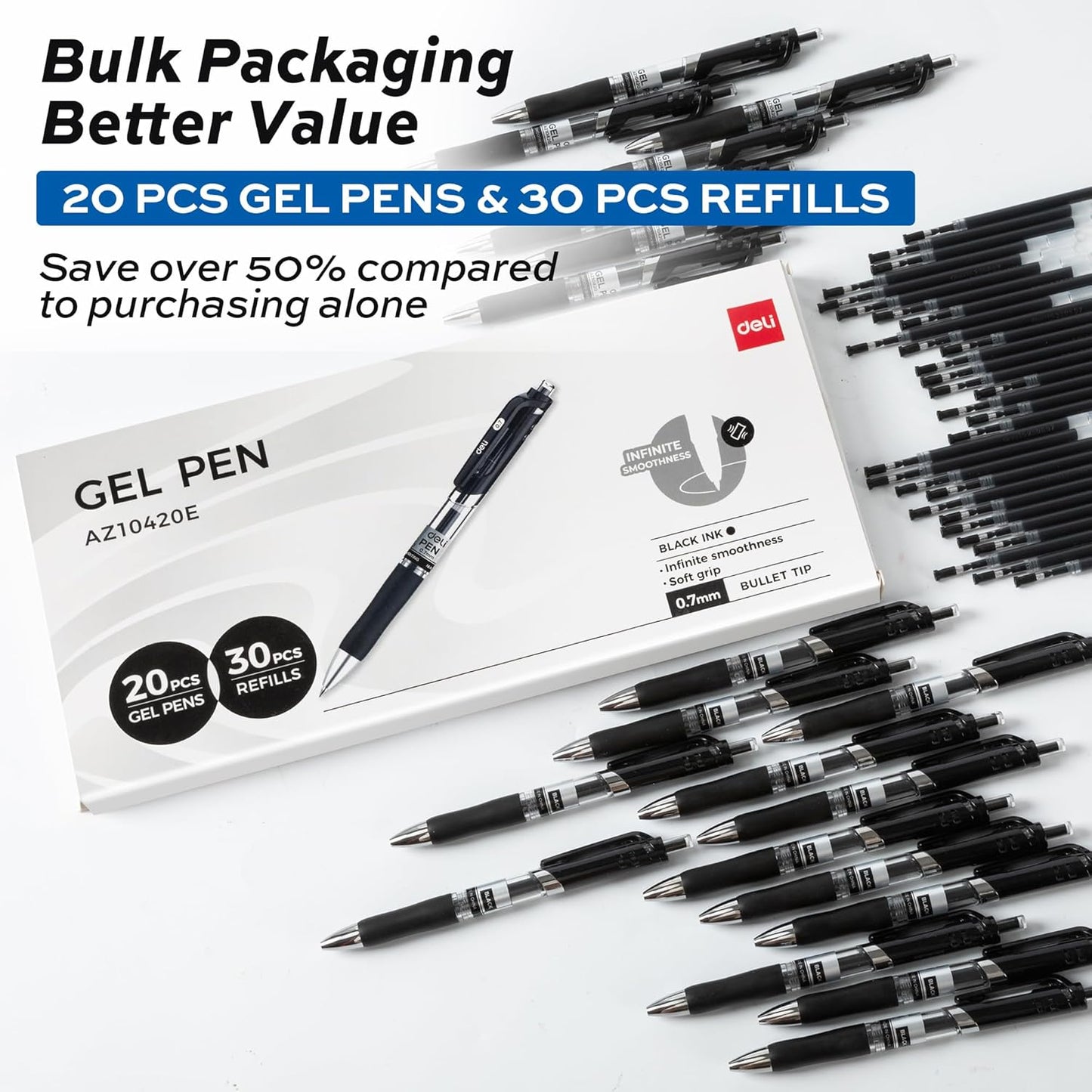 deli Gel Pens, 50 Pcs Retractable Pens Black Ink, Medium Point Pen 0.7mm, Smooth Writing, Fast Dry, No Bleed for Journaling Note Taking, Home School Office Supplies