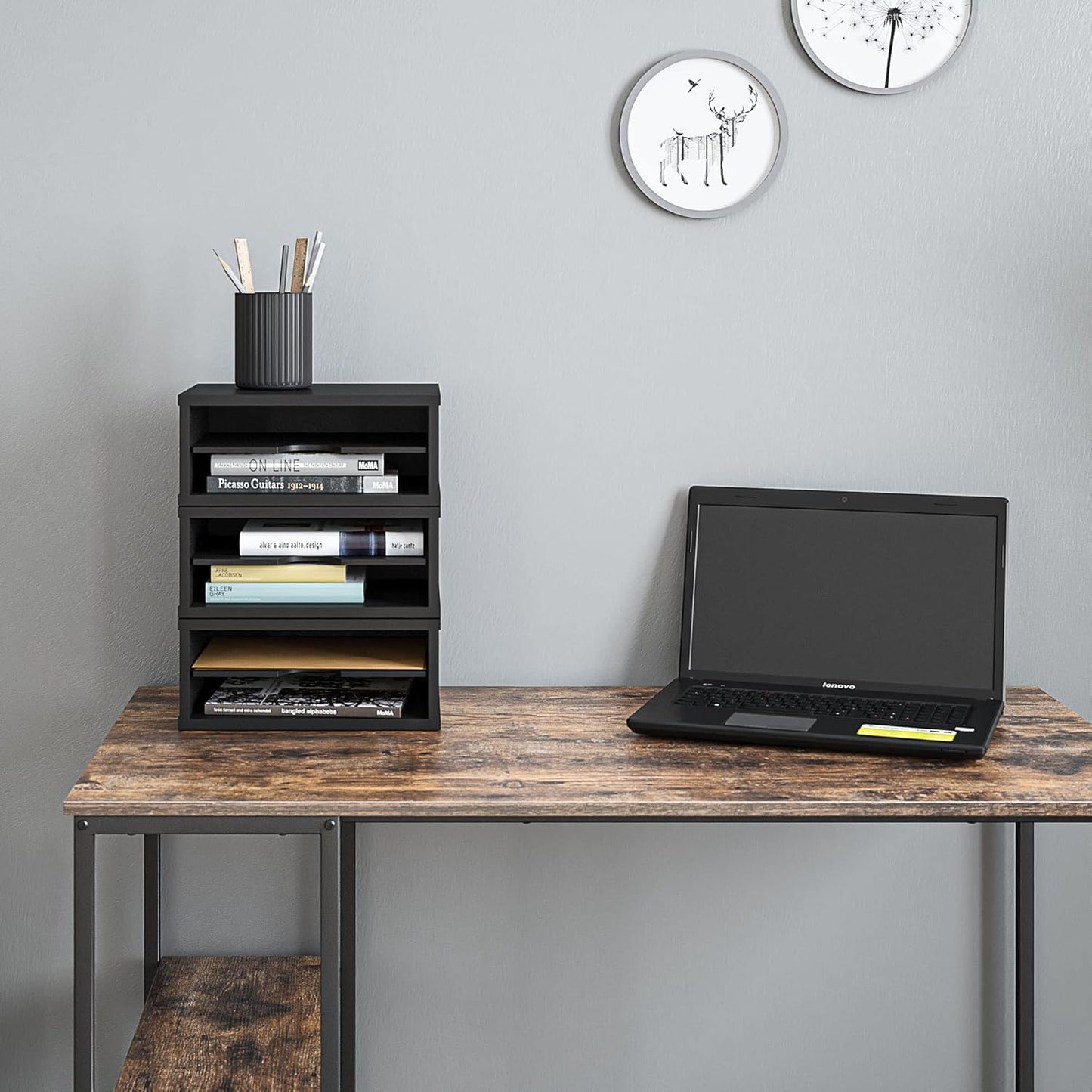 Ballucci File Organizer, 4-Tier Office Desk Organizer, Open Top Wood Paper Organizer for Classroom, Desktop Mail Sorter Paper Tray, Black