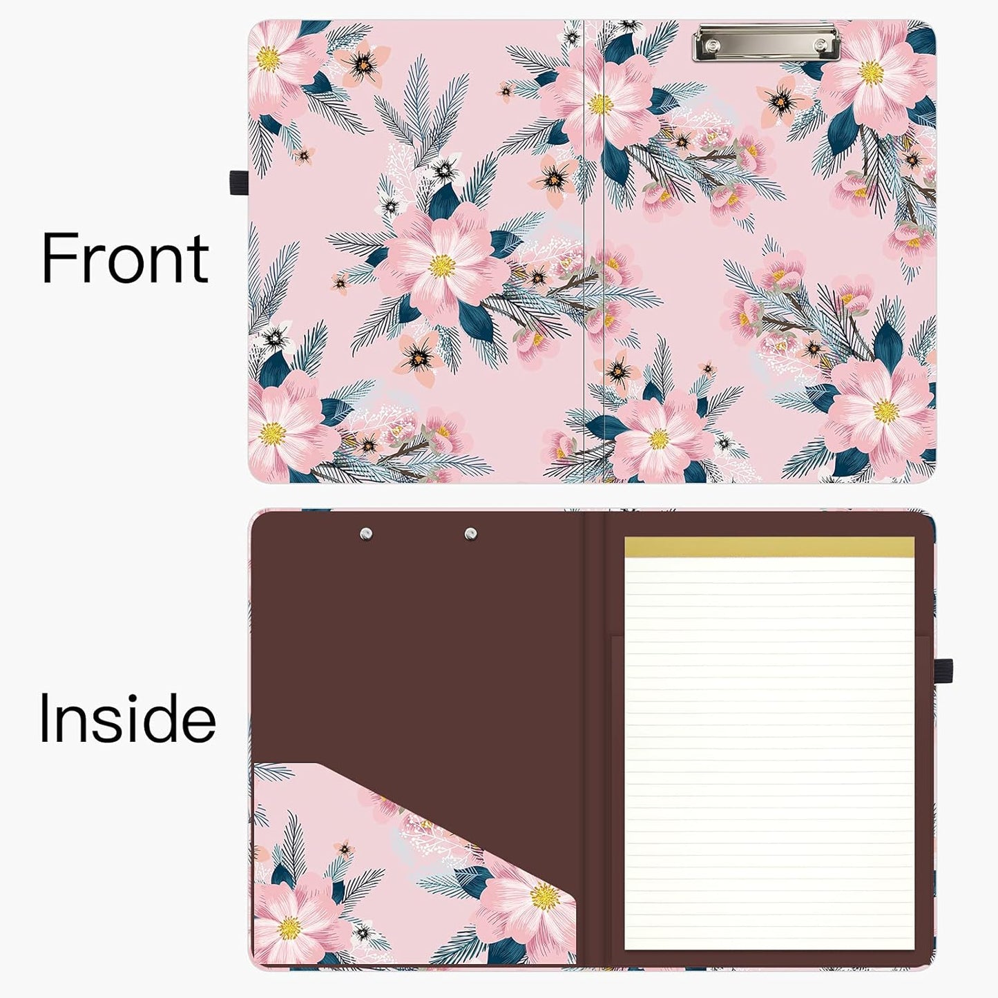 Hongri Clipboard Folio with Refillable Lined Notepad and Interior Storage Pocket for Students, Classroom, Office, Women, Man, Cute Custom Pattern, Size 12.8 x 9.2 in, Classic Flower