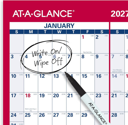 AT-A-GLANCE 2026 Erasable Calendar, Dry Erase Wall Planner, 12" x 16", Small, Vertical-Horizontal, Reversible, Compact (PM330B2826)
