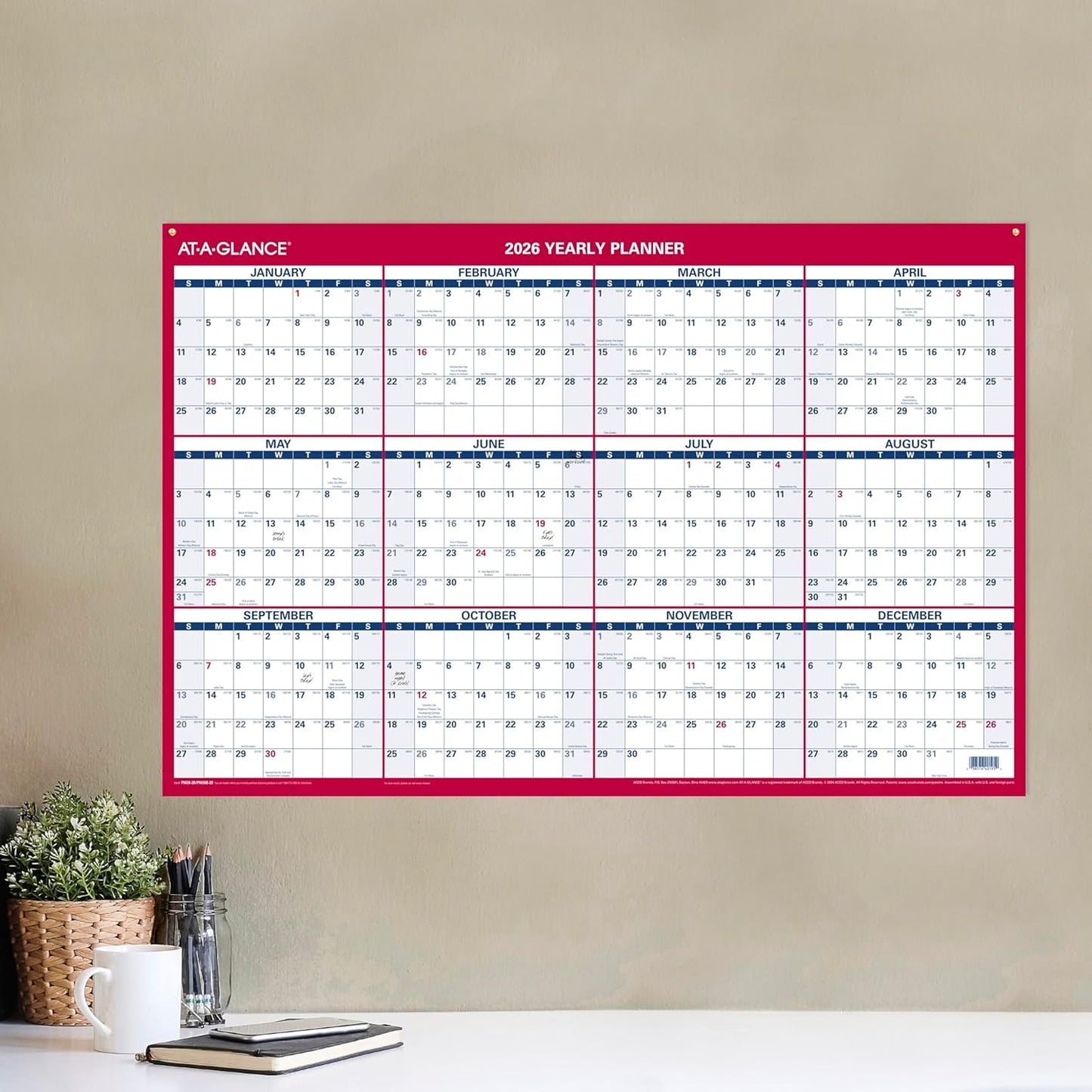 AT-A-GLANCE 2026 Erasable Calendar, Dry Erase Wall Planner, 12" x 16", Small, Vertical-Horizontal, Reversible, Compact (PM330B2826)